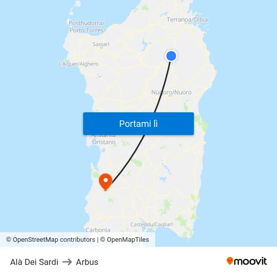 Alà Dei Sardi to Arbus map