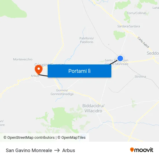 San Gavino Monreale to Arbus map