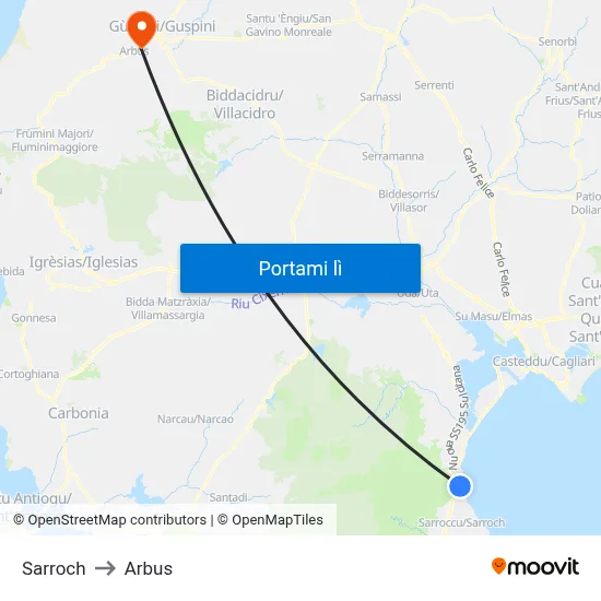 Sarroch to Arbus map