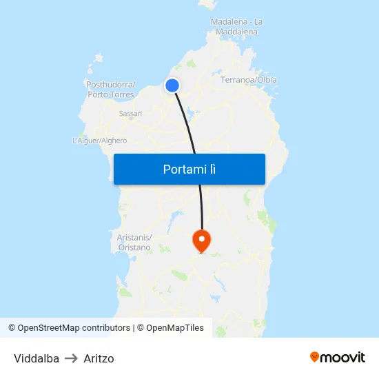 Viddalba to Aritzo map