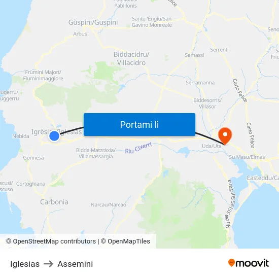 Iglesias to Assemini map