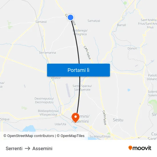 Serrenti to Assemini map