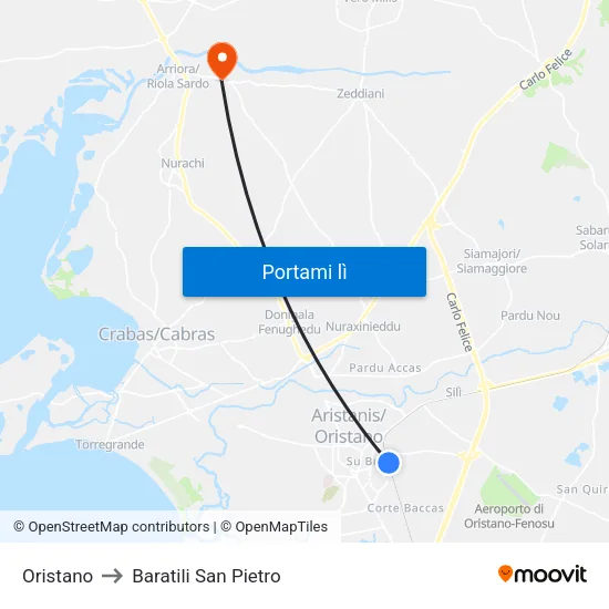 Oristano to Baratili San Pietro map