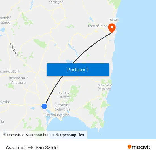 Assemini to Bari Sardo map