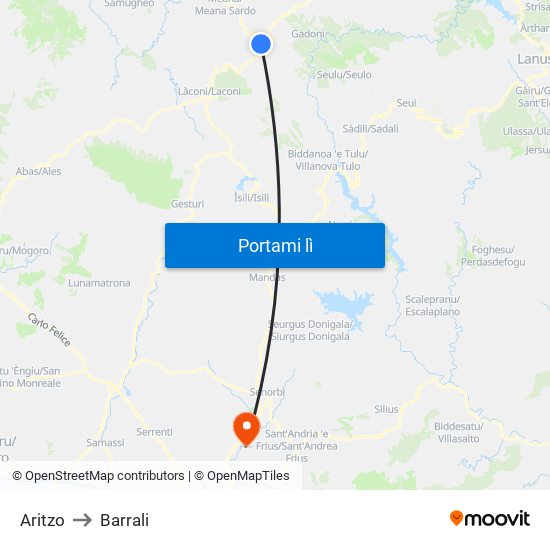 Aritzo to Barrali map