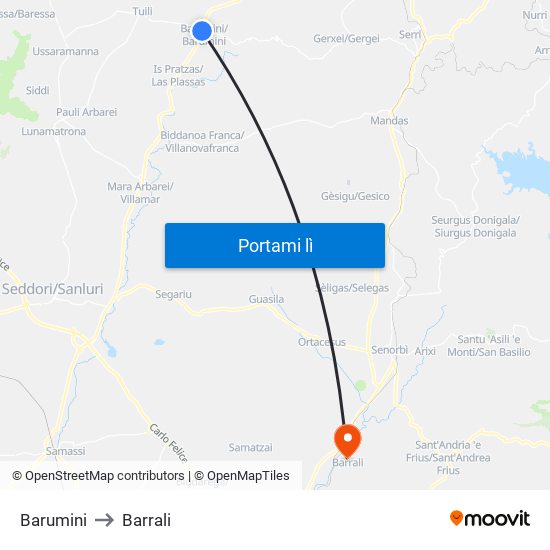 Barumini to Barrali map