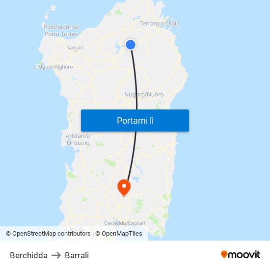 Berchidda to Barrali map
