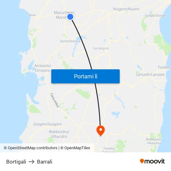 Bortigali to Barrali map