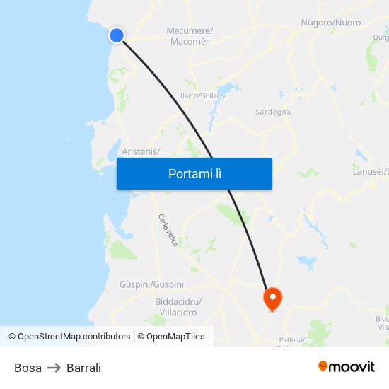 Bosa to Barrali map