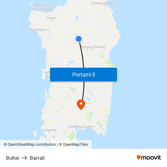 Bultei to Barrali map