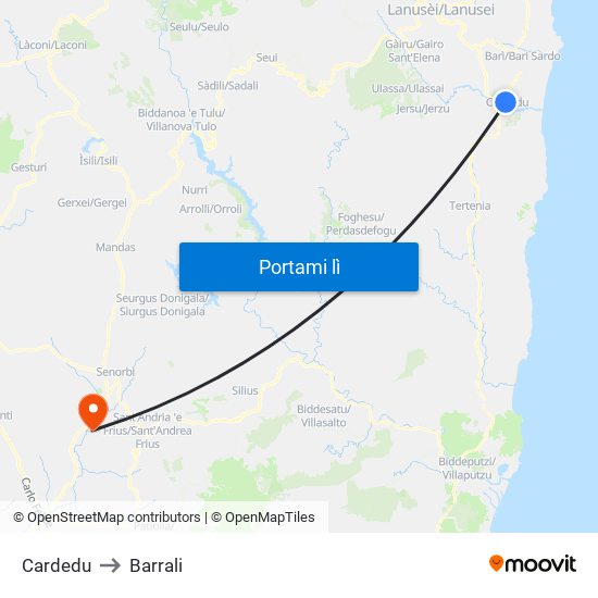 Cardedu to Barrali map