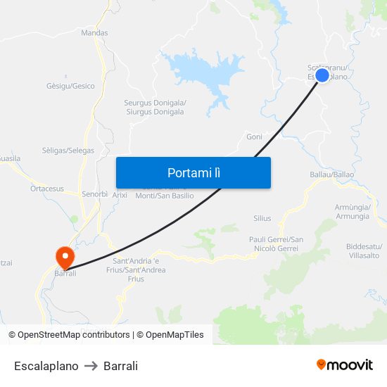 Escalaplano to Barrali map