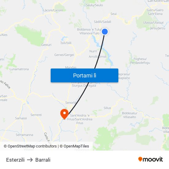 Esterzili to Barrali map