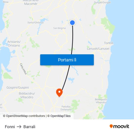 Fonni to Barrali map