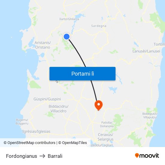 Fordongianus to Barrali map