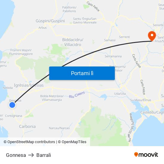 Gonnesa to Barrali map