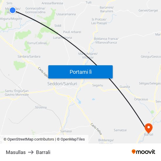 Masullas to Barrali map