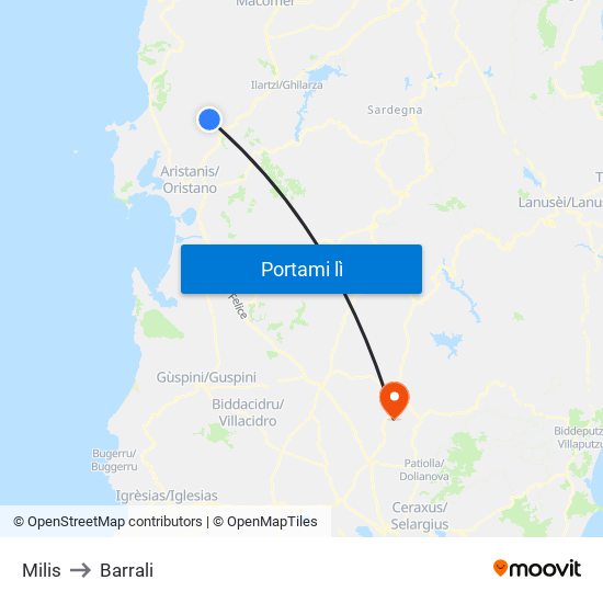 Milis to Barrali map