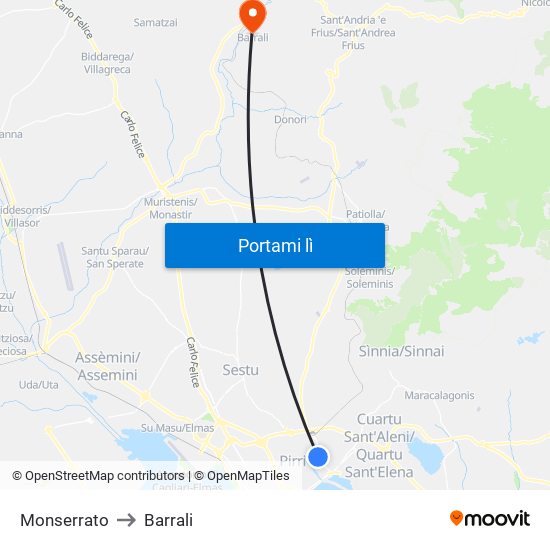 Monserrato to Barrali map