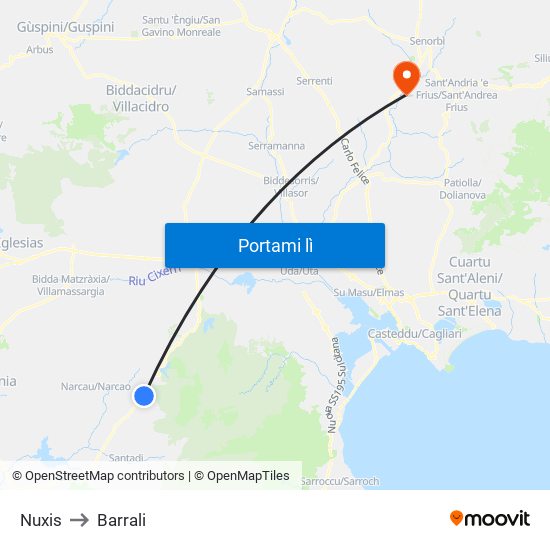 Nuxis to Barrali map