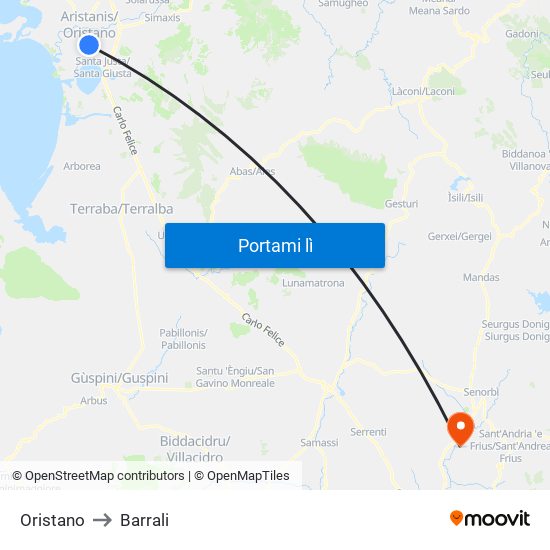 Oristano to Barrali map