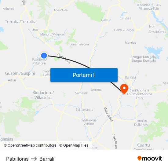 Pabillonis to Barrali map