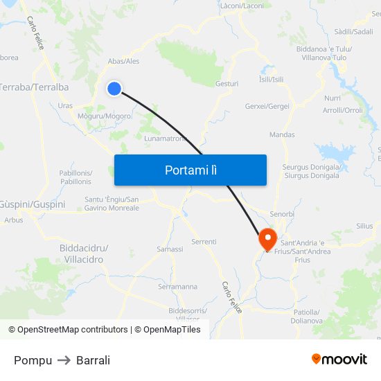 Pompu to Barrali map