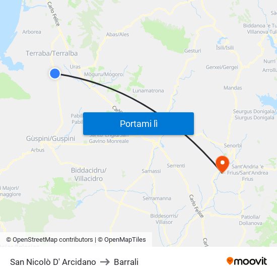 San Nicolò D' Arcidano to Barrali map