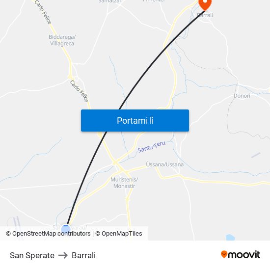 San Sperate to Barrali map