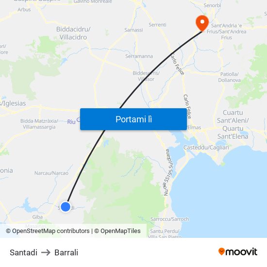 Santadi to Barrali map