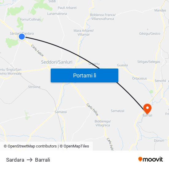 Sardara to Barrali map