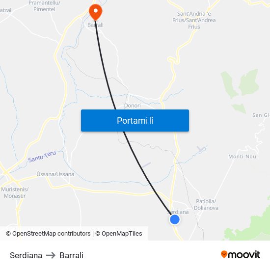 Serdiana to Barrali map