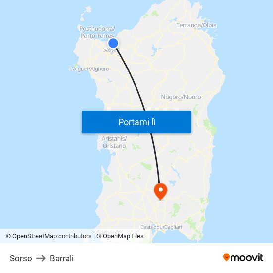 Sorso to Barrali map