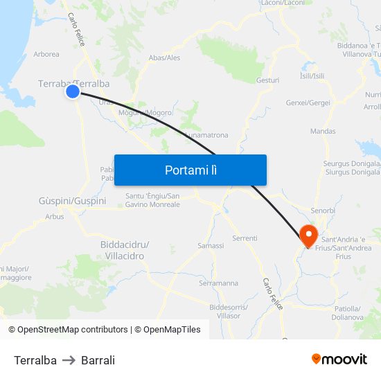 Terralba to Barrali map
