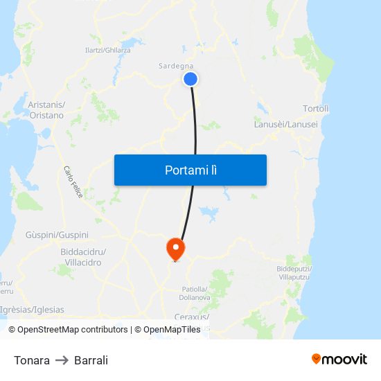 Tonara to Barrali map