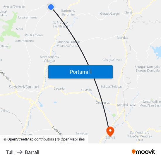 Tuili to Barrali map