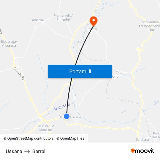 Ussana to Barrali map