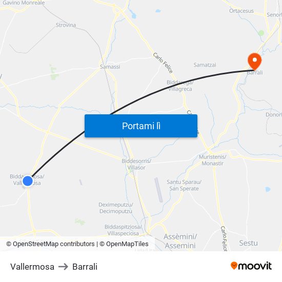 Vallermosa to Barrali map