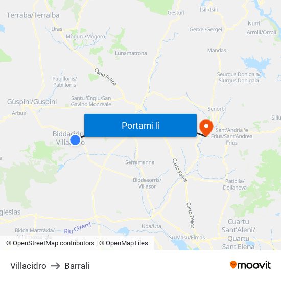 Villacidro to Barrali map