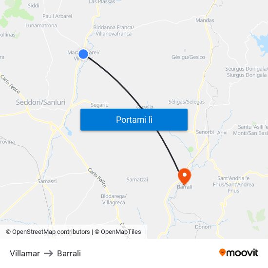 Villamar to Barrali map