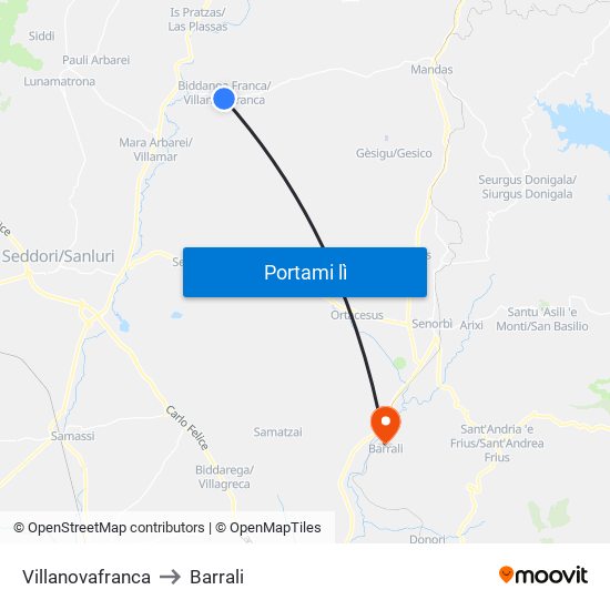 Villanovafranca to Barrali map