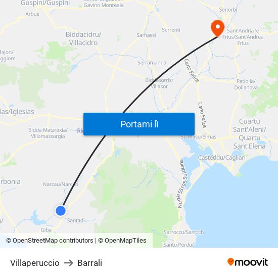 Villaperuccio to Barrali map