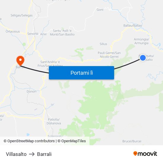 Villasalto to Barrali map