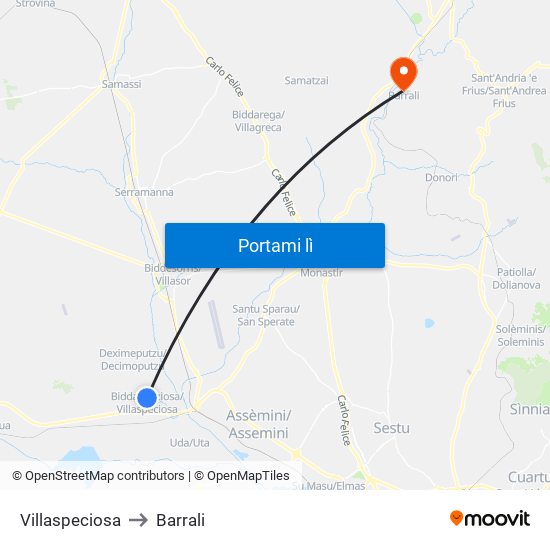 Villaspeciosa to Barrali map