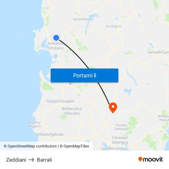 Zeddiani to Barrali map