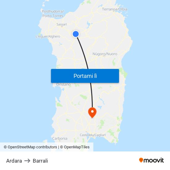 Ardara to Barrali map