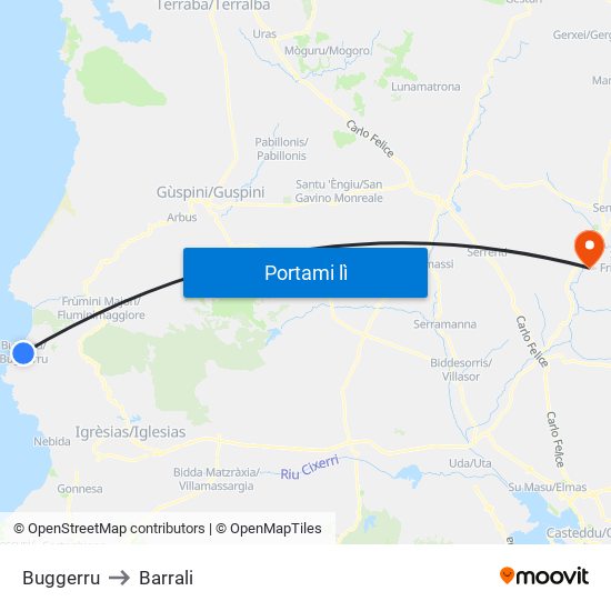 Buggerru to Barrali map