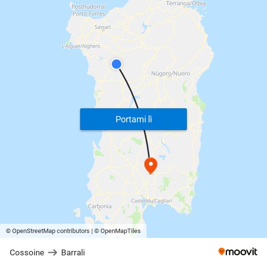 Cossoine to Barrali map