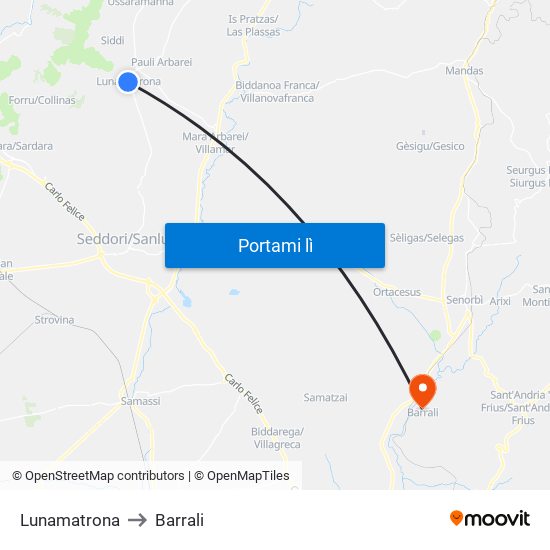 Lunamatrona to Barrali map