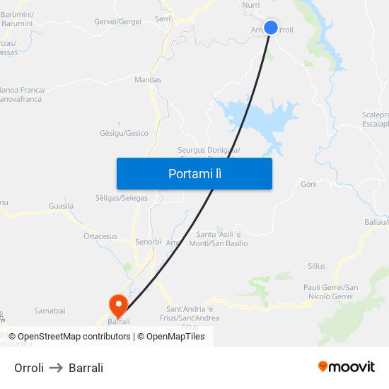 Orroli to Barrali map
